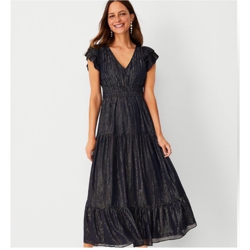 Ann Taylor Shimmer Stripe Flutter Sleeve Maxi Dress NWT Size 2 Navy Blue & Gold
